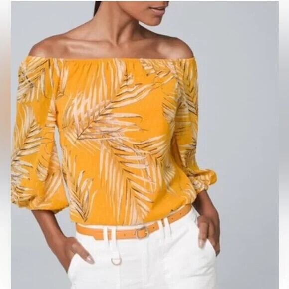 White House Black Market Tops - White House Black Market NWT Palm Print Swiss Dot Off Shoulder Yellow Blouse XL